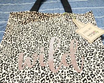 Wild Leopard Print Tote Bag with Black Handles, Glitter Wild Print, by Kaleidoshop craft