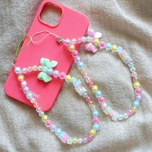 Candy Color Bow Phone Lanyar, Phone Wristlets, Beaded Phone Chain, Phone Accessories, Cute Phone Wrist Strap, Beaded Mobile Chain