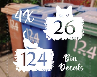 Wheelie Bin Numbers X4 with a Cat, Trash Can Decals, Recycle Decals, Waterproof Vinyl Decals, Number Decals