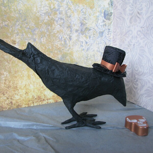 Patrick the Crow, Crow Sculpture with hat, Raven Sculpture, Bird Sculpture, Black Crow, Gothic Paper Mache Sculpture, Bird Home Decor