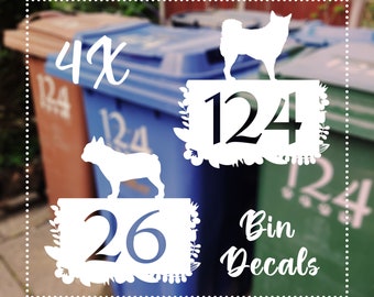 Wheelie Bin Numbers X4 with a Dog, Trash Can Decals, Recycle Decals, Waterproof Vinyl Decals, Number Decals