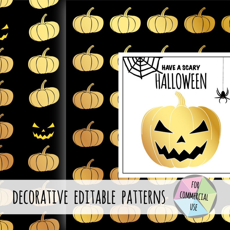 Halloween Pumpkins, Digital Seamless Patterns, Gold Pumpkins, Pattern ...