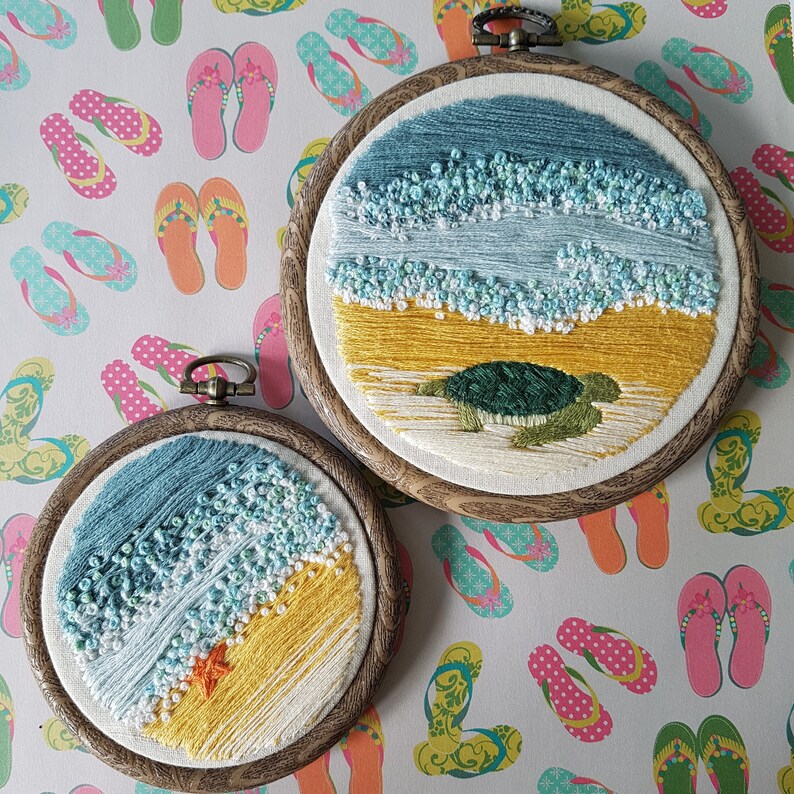 Hand Embridered seaside beach scene 4 Inch Hoop Embroidery Etsy