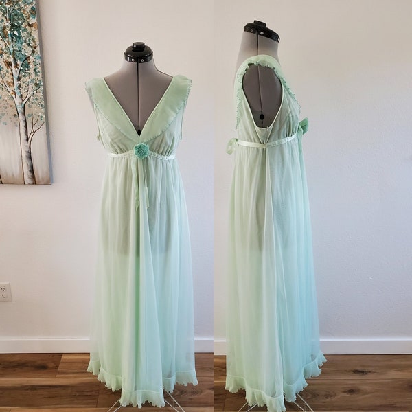 Sensational Vintage 1960s Evette Soft Green Ruffle Nylon Nightgown with Removable Rose | Size XS S or M | Excellent Condition! | 1930s Style