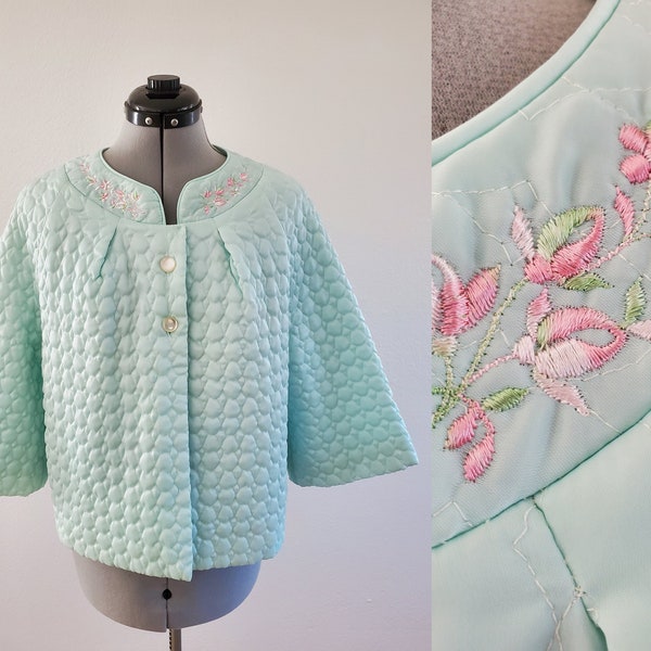 Fabulous 50s or 60s Soft Blue Barbizon Quilted Nylon Bed Jacket | Embroidered Collar and 3/4 Sleeves | Tag size L | Fits like M | Quilt Coat