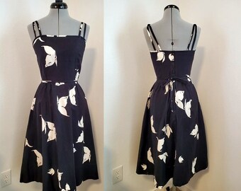 Vintage 1960s or 1970s Black and White Malia Cotton Butterfly Midi Double Spaghetti Strap Dress | Size XS | EXCELLENT Condition! 1950s Style