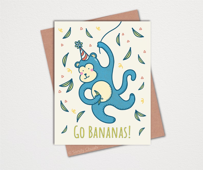 Monkey Go Bananas Birthday Greeting Card Animal Cute Animal Card Hand Drawn Illustration It Is Your Birthday Party Celebrate image 1