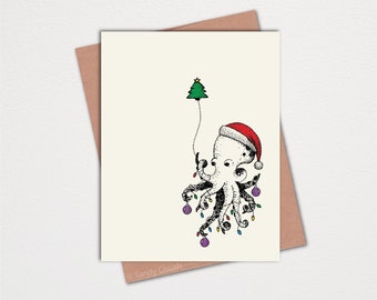 Christmas Cards - Holiday Cards - Holiday Greeting Cards - Animal Christmas Cards - Cute Christmas Cards - Octopus- Hand Drawn Card