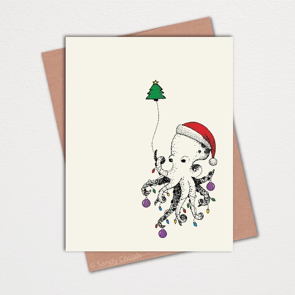 Christmas Cards - Holiday Cards - Holiday Greeting Cards - Animal Christmas Cards - Cute Christmas Cards - Octopus- Hand Drawn Card