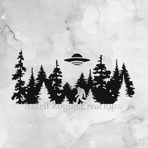 Sasquatch & UFO Vinyl Decal: Bigfoot Tree Line RV Decor
