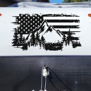 Distressed US Flag Vinyl Decal: Mountain & Trees - Car, Laptop, RV