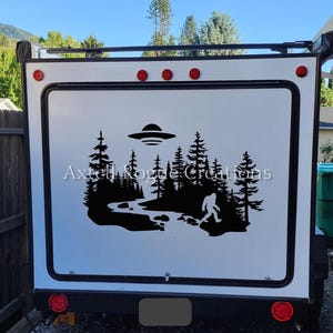 River, Bigfoot, UFO and Trees  Large RV Vinyl Decal - RV Decal -  Camper Decal - River Trees Sticker