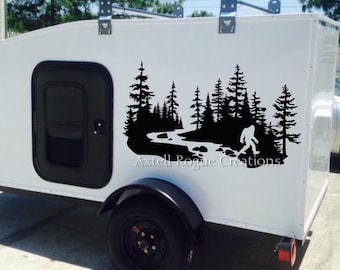 Original River Trees and Bigfoot Large RV Vinyl Decal - RV Decal - Bigfoot Camper Decal - River Trees Sticker
