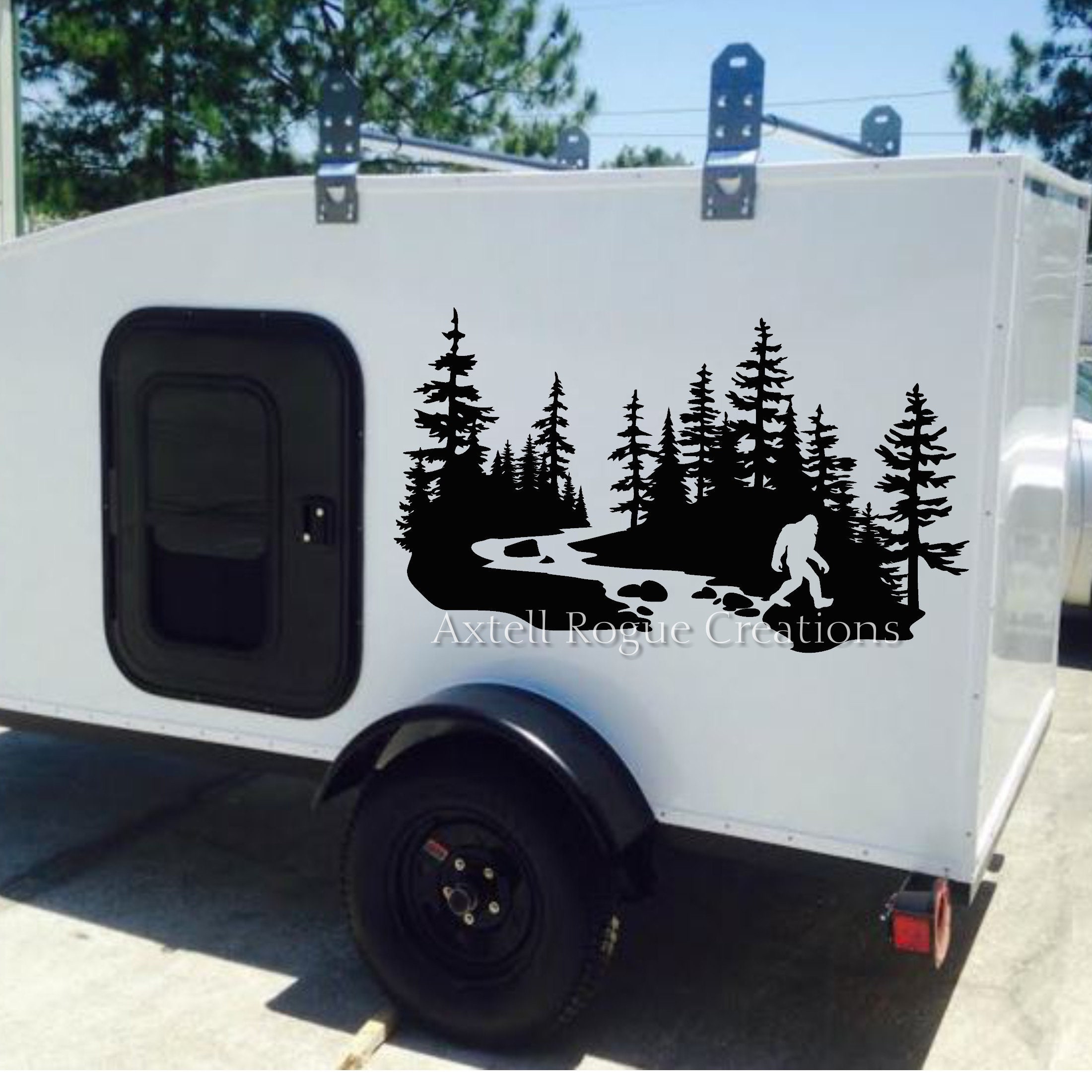 Original River Trees and Bigfoot Large RV Vinyl Decal - RV Decal - Bigfoot Camper Decal - River Trees Sticker