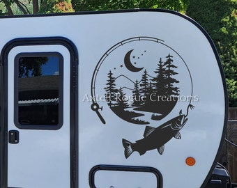 Fishing RV Large Decal - River and Trees Decal - Fish On Decal - Trout Sticker