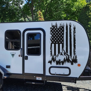 Distressed Flag Mountain and Trees Large RV Vinyl Decal - Vinyl Decal - RV Decal - Flag Decal
