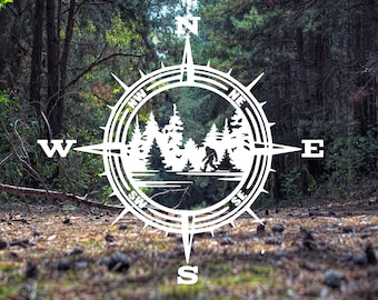 Bigfoot Compass Decal: PNW Mountain & Trees Vinyl Decal