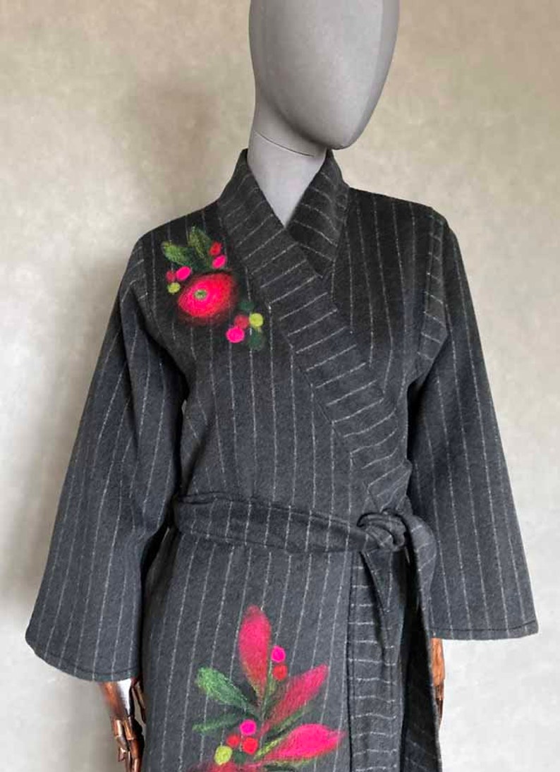 Kimono jacket 100% wool patchwork unikat handmade malowane wełną kwiaty. image 6