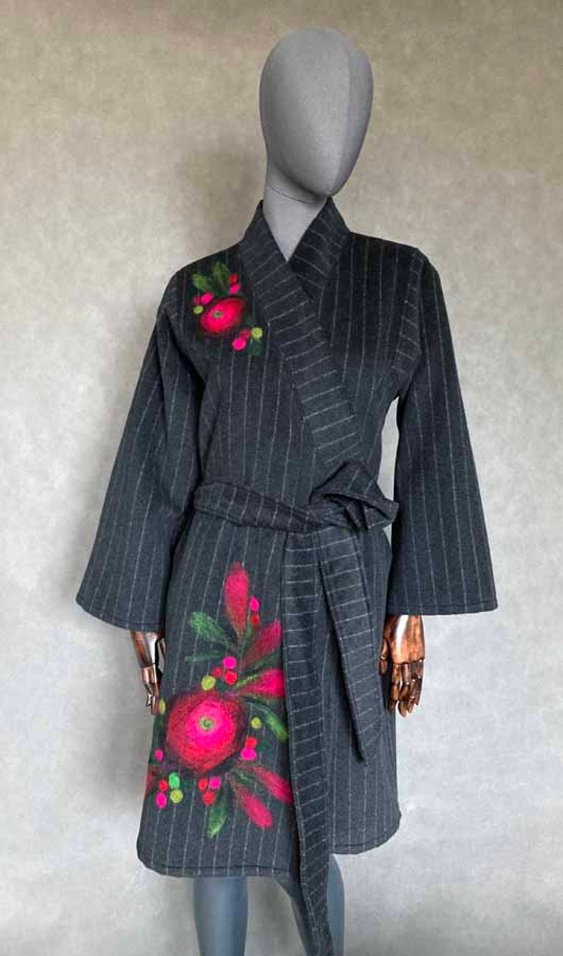 Kimono jacket 100% wool patchwork unikat handmade malowane wełną kwiaty. image 2