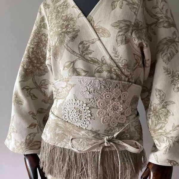 Kimono cotton tłoczony wzór wiązany paskiem unikat.