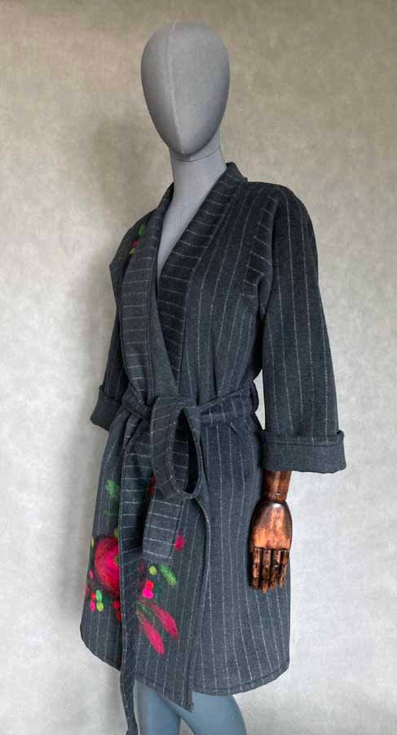 Kimono jacket 100% wool patchwork unikat handmade malowane wełną kwiaty. image 9
