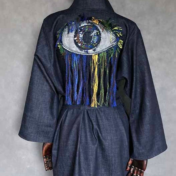 Kimono jacket 100% cotton jeans patchwork oko eye unikat handmade.