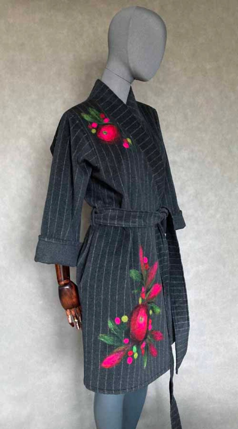 Kimono jacket 100% wool patchwork unikat handmade malowane wełną kwiaty. image 3