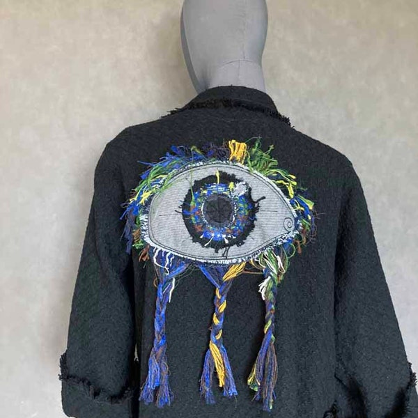 Kimono jacket 100% bawełna zdobione autorską aplikacją z motywem oka z frędzlami.
