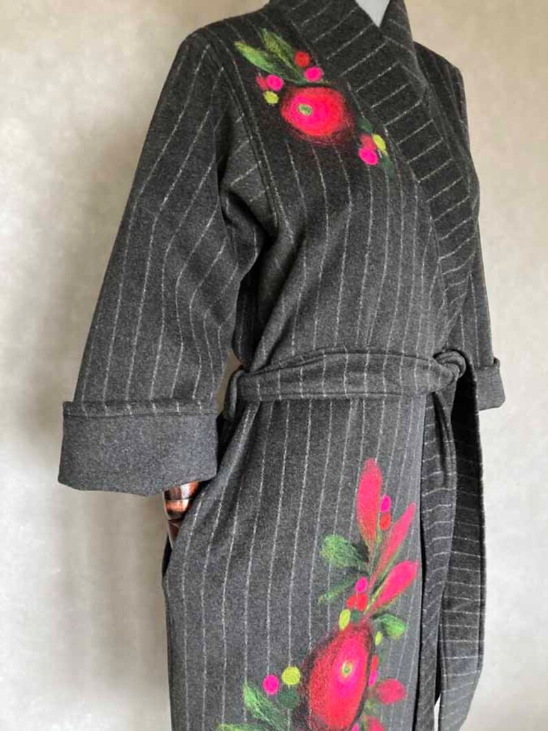 Kimono jacket 100% wool patchwork unikat handmade malowane wełną kwiaty. image 5