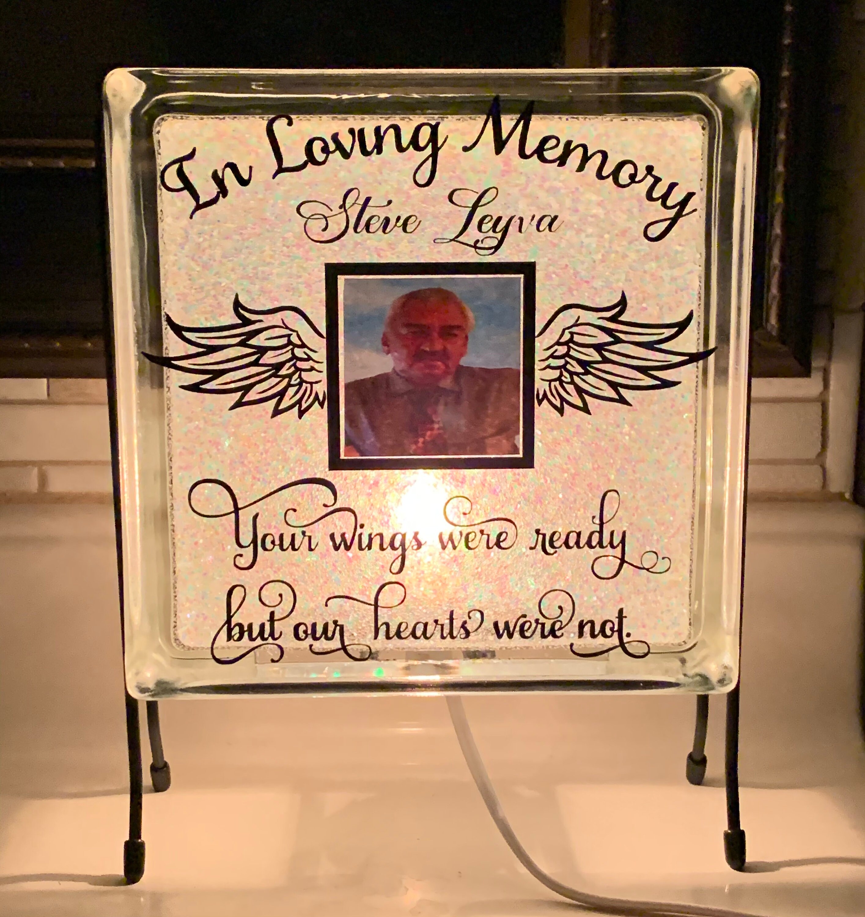 Beautiful lighted Memorial glass block with glitter/ lighted Etsy