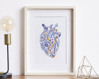 Kintsugi Heart Art Print - anatomical botanical heart illustration