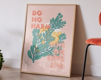 Large Format Digital Art Print with Quote "Do no harm, but take no shit" - Dorm Room Decor, Pink Aesthetic Wall Art, Printable Print