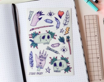 Witchy Vibes Sticker Sheet, Magical Witch Bullet Journal Stickers, BuJo Witchy Transparent Vinyl Sticker set, Cute Spooky Doodle Stickers