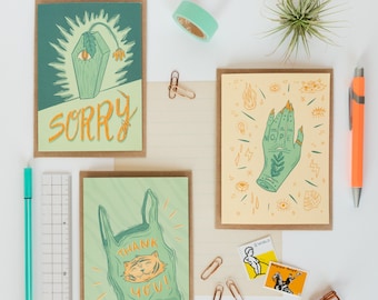 Illustrated Greeting Cards Set: Tiger Thank You, Witchy Nope, Sorry Cards