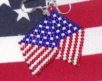 4th of July Beaded American Flag Inspired Earrings Stars Stripes Holiday Patriotic Red White Blue Dangle Earrings Glass Seed Beads