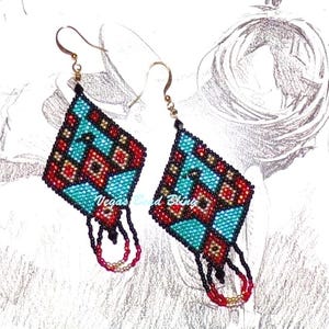 Southwestern Fire Thunderbird Beaded Earrings • Turquoise Red Gold Fringe