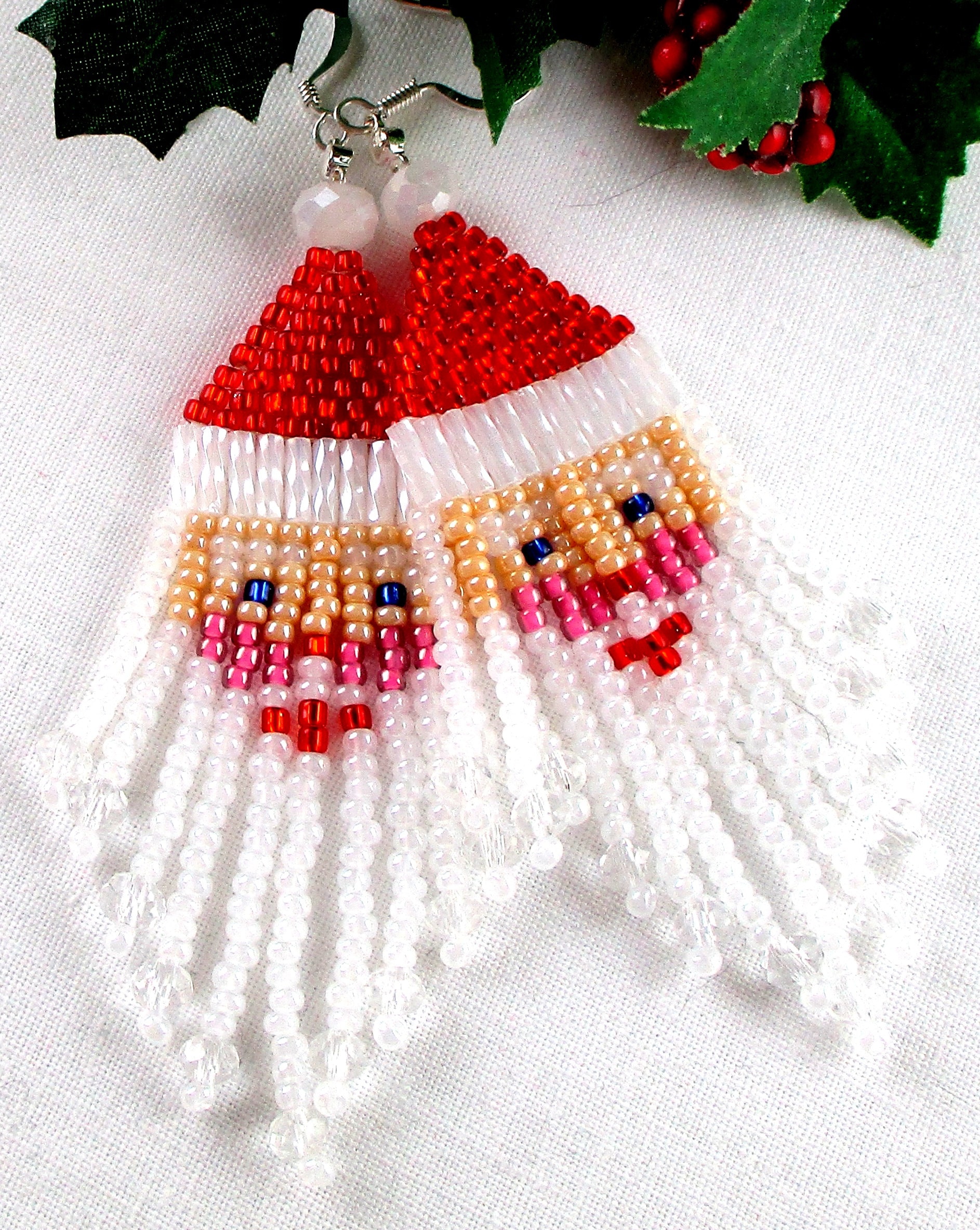 Jolly Santa Claus Earrings Glass Seed Bead Fringe Dangle Christmas