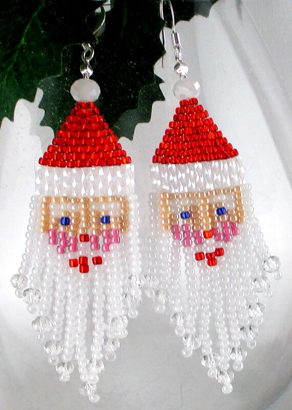 Santa Claus Earrings Seed Bead Fringe Christmas Earrings Beaded Holiday Jewelry Made in USA