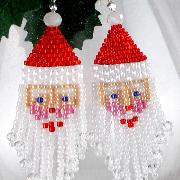 Jolly Santa Claus Earrings Glass Seed Bead Fringe Dangle Christmas Earrings St. Nicholas Holiday Jewelry