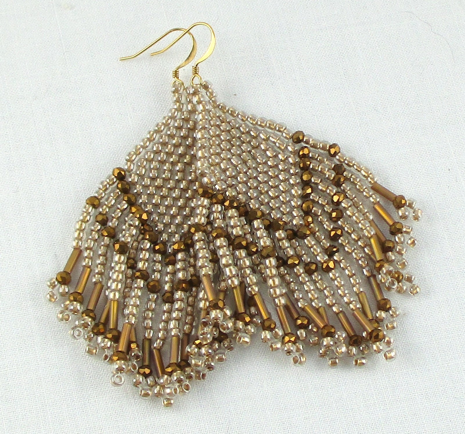 Bronze & Cream Beaded Fringe Earrings Seed Bead Fan Fringe Earrings