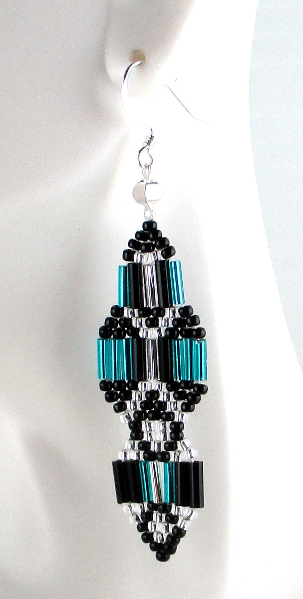 Art Deco Long Dangle Earrings Black Aqua Silver Glass Bead Earrings