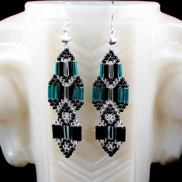 Art Deco Long Dangle Earrings Black Aqua Silver Glass Bead Earrings Chandelier Dangle Earrings Seed Bead Bugle Beads Handcrafted USA