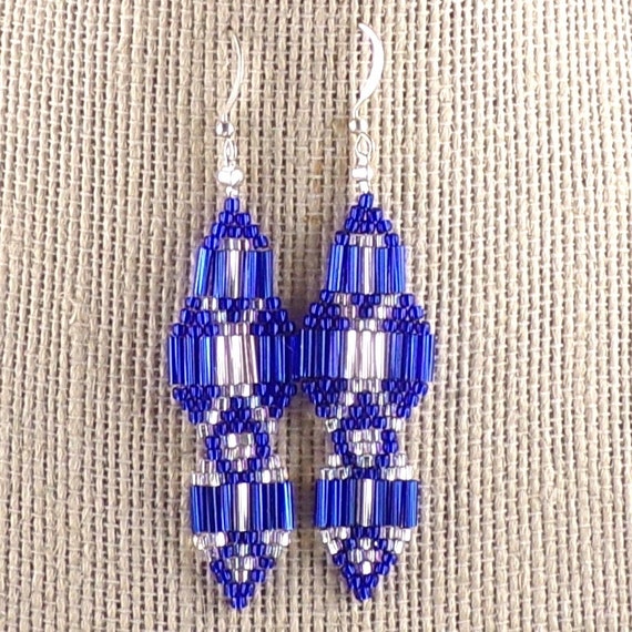 Cobalt Blue and Silver Glass Bugle Bead Drop Dangle Earrings