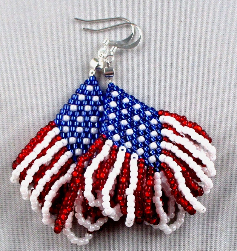 Beaded Flag Earrings Red White Blue Loop Fringe Stars and Etsy