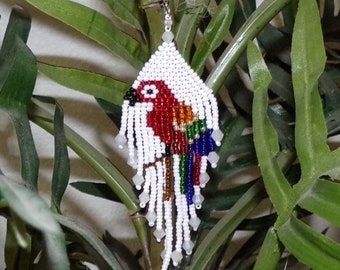 Tropical Parrot Chandelier Dangle Earrings Multi-Color and White Glass Seed Bead Fringe Beads Bird Earrings