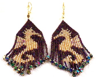Deep Ocean Gold Seahorse Beaded Earrings Glass Seed Beads Starfish Shape End Bead Fringe Dangle Marine Earrings Made in USA