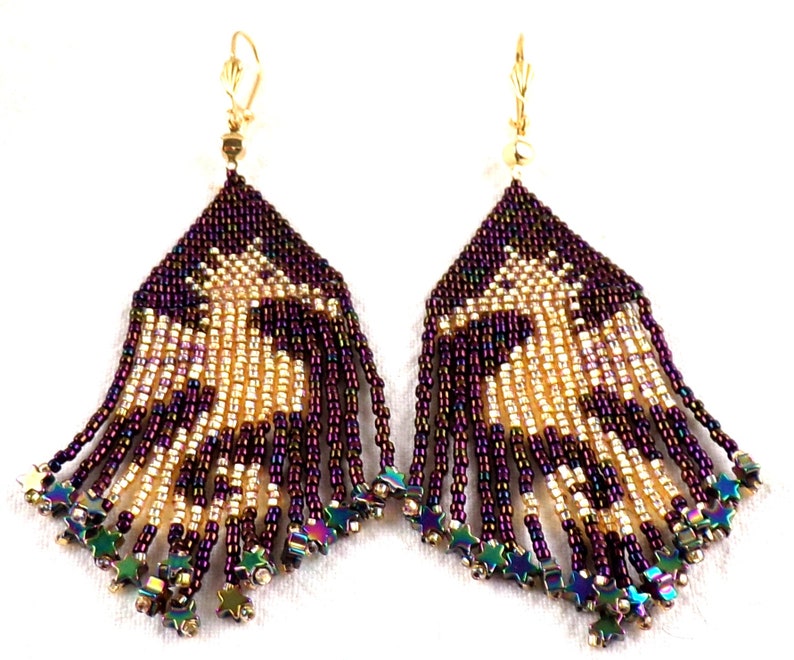 Deep Ocean Gold Seahorse Beaded Earrings Glass Seed Beads Starfish Shape End Bead Fringe Dangle Marine Earrings Made in USA
