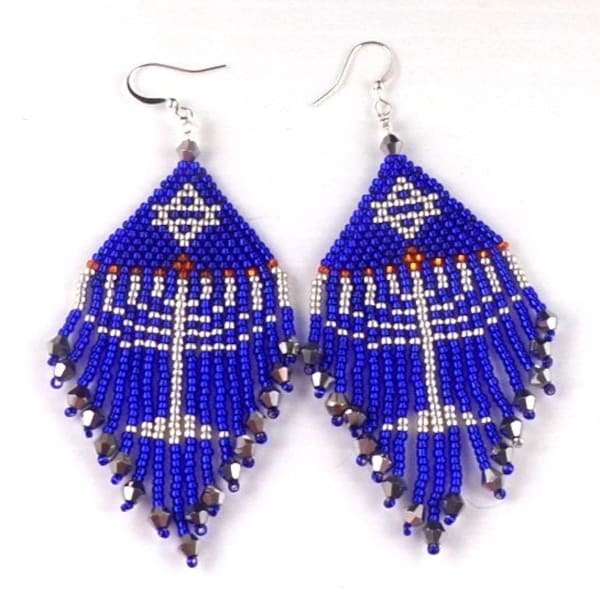 Beaded Silver Menorah Star of David Fringe Dangle Earrings Glass Silver and Cobalt Blue Glass Seed Bead Holiday Hanukkah Earrings Chanukah