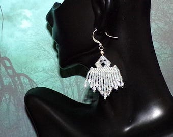 Beaded Ghost Fringe Earrings • Halloween Drop Earrings