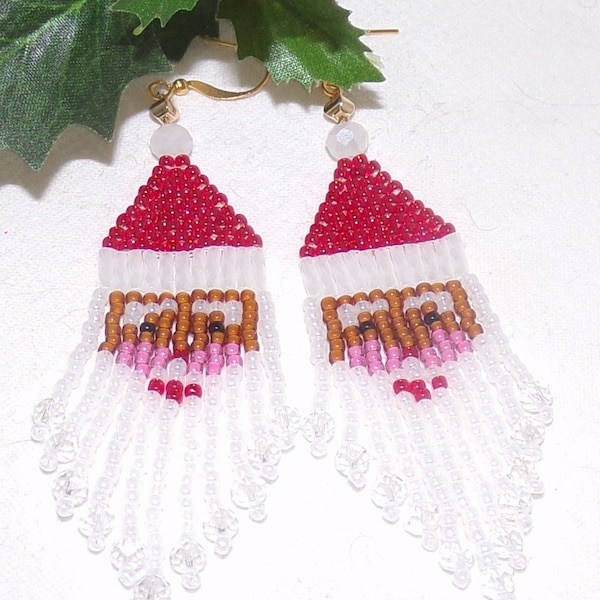 Black Santa Earrings Glass Seed Bead Fringe Dangle Christmas Earrings Aftican American Santa Seed Bead Holiday Earrings